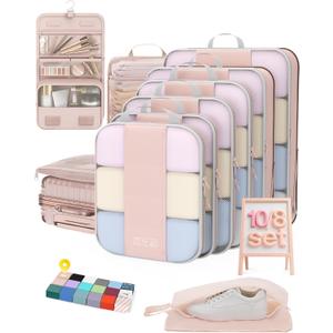10 Set Compression Packing Cubes for Travel Women Mom,OlarHike Luggage Clothes Storage Gifts for Travelers,Airplane/Cruise/Car/Train Travel Essentials,Compressible Expandable Saver Space Bags(Beige)
