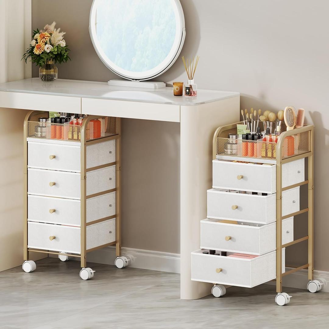 SWTYMIKI Rolling Makeup Organizer Cart - Under Desk Vanity Makeup Storage with 4 Non-woven Drawers, Nail Cart Organizer Cosmetic Display Cases Cabinet for Skin Care Perfume Nail Polish Brush Hair Tool (5-Tier, Gold)