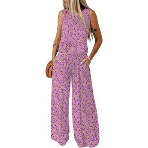 Dokotoo Pants Sets Women 2 Piece Outfits Sleeveless Round Neck Tank Tops Matching Sets for Women Elastic Waist Wide Leg (Purple, L)
