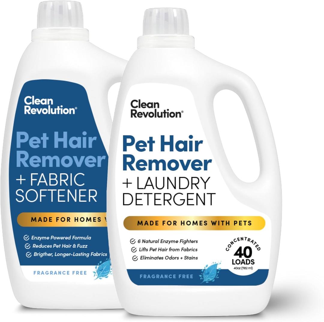 Clean Revolution Pet Hair Remover Laundry System 2-pack: Laundry Detergent + Fabric Softener with HairLift Technology, Fragrance-Free, 6 Natural Enzymes, Removes Pet Hair, Stains & Odors, 40 Oz Each
