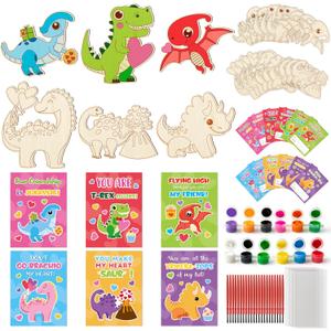 CJiangpo Valentines Day Gifts for Kids - 24 Pack Dinosaur Wood Painting Craft Kits, Valentines Cards with Watercolor Paint Bulk, Color Your Own Painting Craft Kids Classroom Exchange Gift Party Favor
