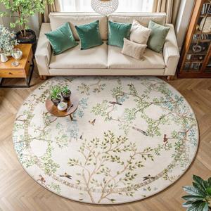 jinchan Round Rugs 7ft Ivory Botanical Birds Print,Machine Washable 7' Circle Nature Plants Modern Soft Non-Slip Kids Throw Area Rugs,Ultra-Thin Low Pile Carpet for Living Room Bedroom Dining Room