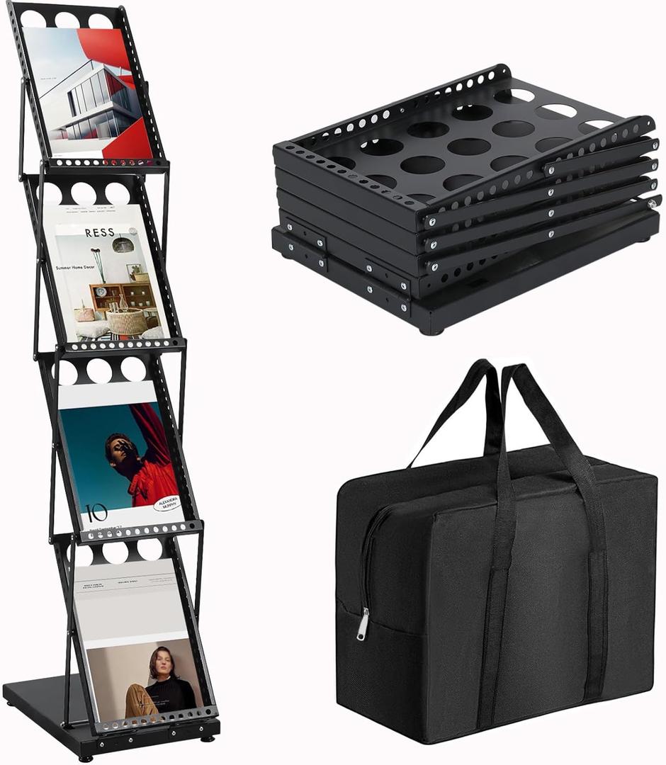 Brochure Display Stand Foldable Magazine Rack, Metal Brochure Holder Literature Rack with Carrying Bag, 4 Pockets Literature Stand for Exhibition Trade Show and Office Retail Store, Black