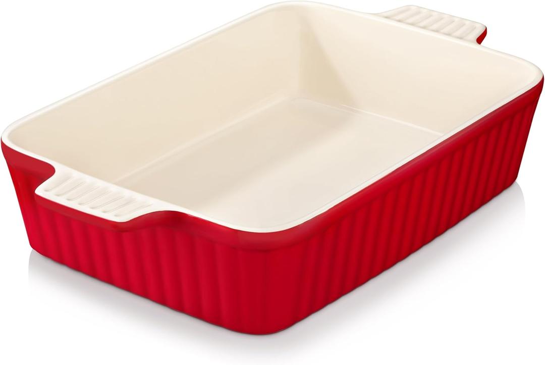 MALACASA 4.4 QT Baking Dish, 9x13 Large Casserole Dish for Oven, Ceramic Baking Pan, Rectangular Lasagna Pan Deep with Handles for Baking, Durable Microwave Oven Safe, Red, Series BAKEBAKE