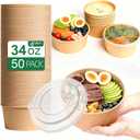 34oz Disposable Round Paper Bowls with Lid, 50 Sets Deli Container Box Spillproof Microwave & Freezer Safe, To Go Meal Prep Container for Lunch Work Meal, Sturdy for Picnic Camp Family