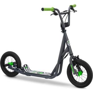 Mongoose Expo Kick Scooter, BMX-Style Handlebar & Brake Cable Rotor, Wide Foot Deck for Kids Youth Boys Girls Ages 6 and Up, Rear Axle Pegs, 12-Inch Air Tires, and Max. Weight of 175 lbs. (Green/Grey)