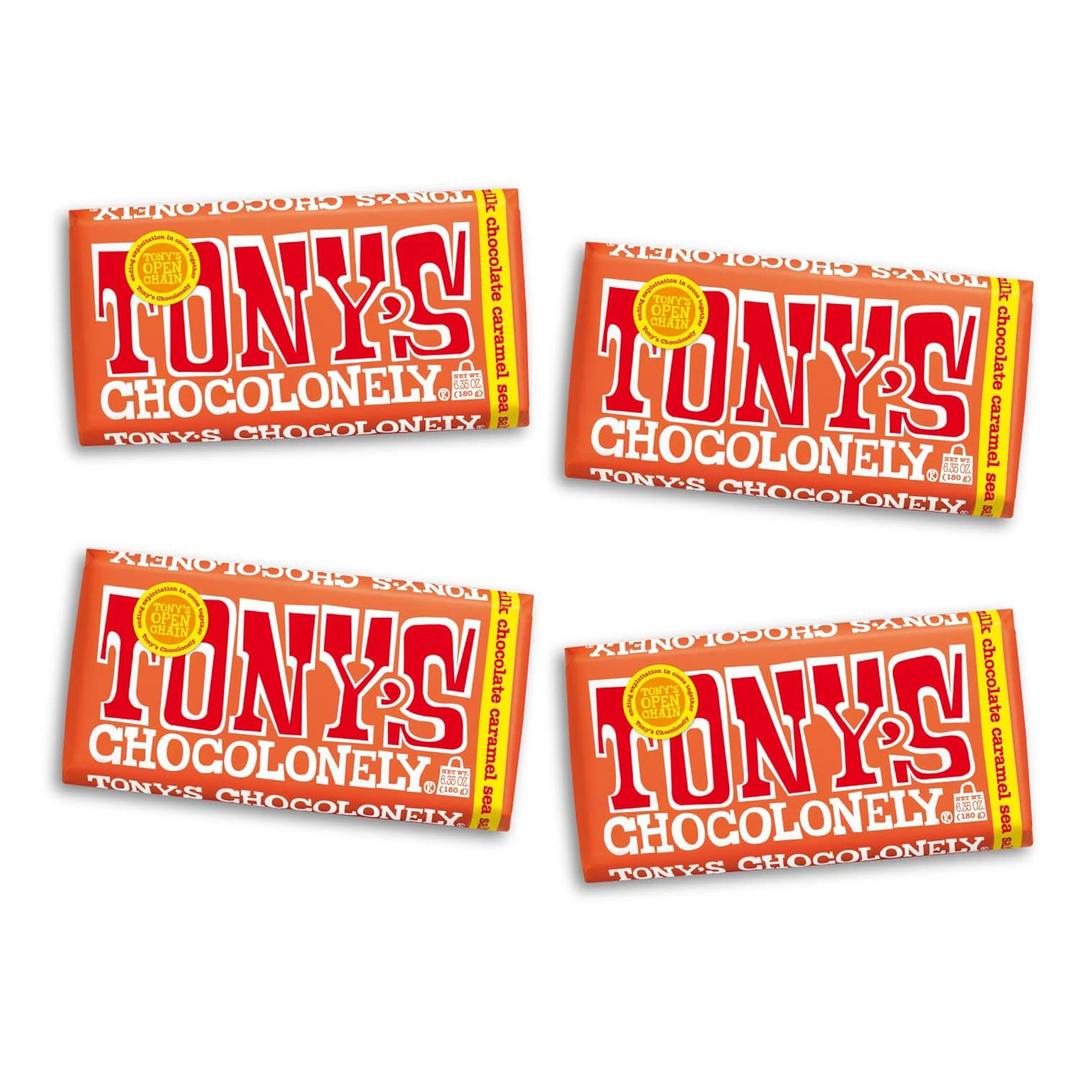 Tonys Chocolonely Belgian Milk Chocolate Candy Bar With Caramel & Sea Salt, Chocolate Bars for Snacks, Party Favors, or Gifts, 32% Cacao, Made From Quality Fairtrade Cocoa, 4 Bars, 6.35 Oz Each (EXP 03/05/27)
