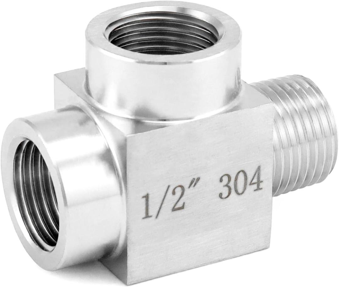 QWORK Stainless Steel Pipe Fitting - 304 Grade, Street Tee, Male Run Tee, 1/2" NPT Male x 1/2" NPT Female x 1/2" NPT Female