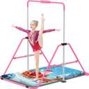 Gymnastics Bar with Self-Inflating Mat for Kids, Adjustable Height Gymnastic Horizontal Bars with Mat, Folding Gymnastic Training Monkey Bars, Junior Expandable Training Kip Bar for Home (Pink with Santa Claus Mat)