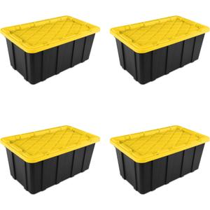 Sterilite 38 Gal Industrial Tote, Stackable Storage Bin with Snap-Fit Lid for Garage, Basement & Attic Storage, Black Base and Yellow Lily Lid, 4-Pack