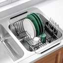 Apartment RV Small Dish Drainer Drying Rack Over The Sink In Stainless Steel for Narrow Kitchen, Counter Space Saving Compact Expandable Metal Plate Dryer Strainer, Black Adjustable Wire Drain Holder