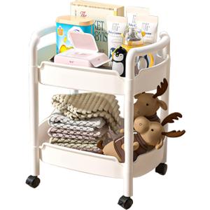 2-Tier Plastic Rolling Utility Cart with Handle Tower Rack Snack Cart with Wheels Multi-Functional Storage Trolley for Kitchen Bathroom Laundry Home Office Living Room Organization, White