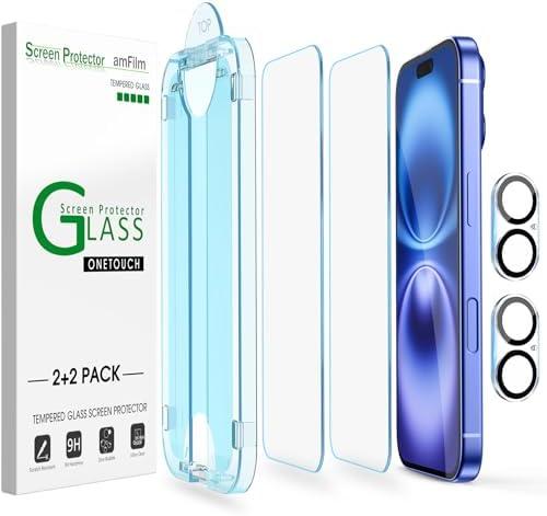 amFilm Auto-Alignment OneTouch for iPhone 16 Plus [6.7''] Screen Protector + Camera Lens Protector, Tempered Glass, 30 seconds Installation, Bubble Free, Case Friendly, Anti-Scratch [2+2 Pack]