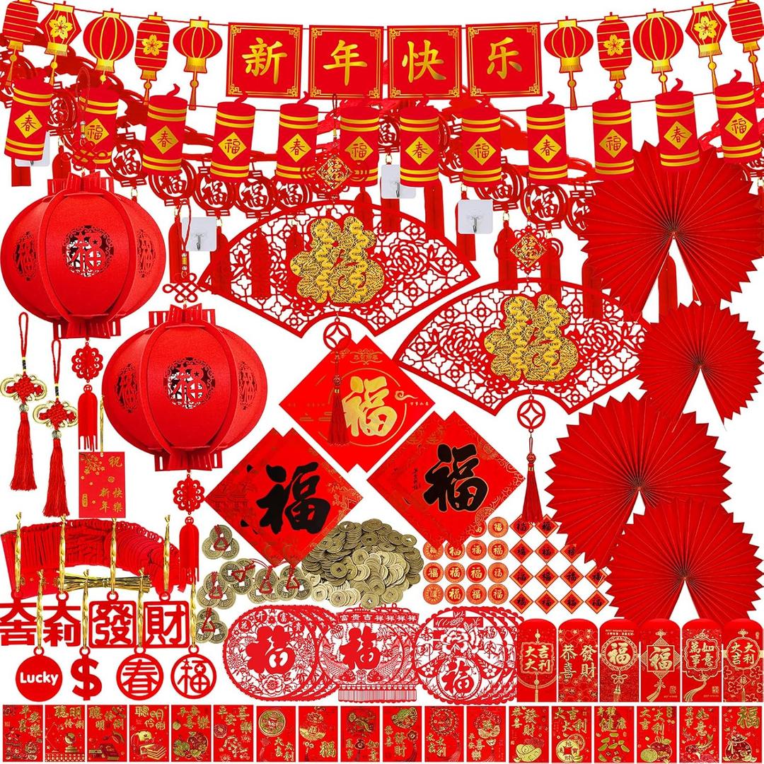 Winlyn Chinese New Year Party Decorations Red Lanterns Paper Fans Red Envelopes Hong Bao Coins Oriental Lucky Garland Chinese Knot Tassel FU Character Paper Cutting for Asian Lunar New Year 2026 Decor