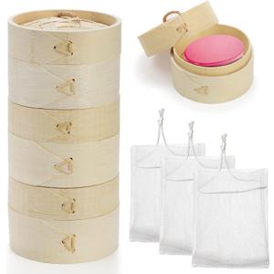Lyellfe 3 Pack Bamboo Bar Holder, Natural Soap Dishes with Lid Foaming Net, Round Shampoo Soap Tray Saver Box, Mini Snack Steamer Container for Travel, Bathroom, Shower