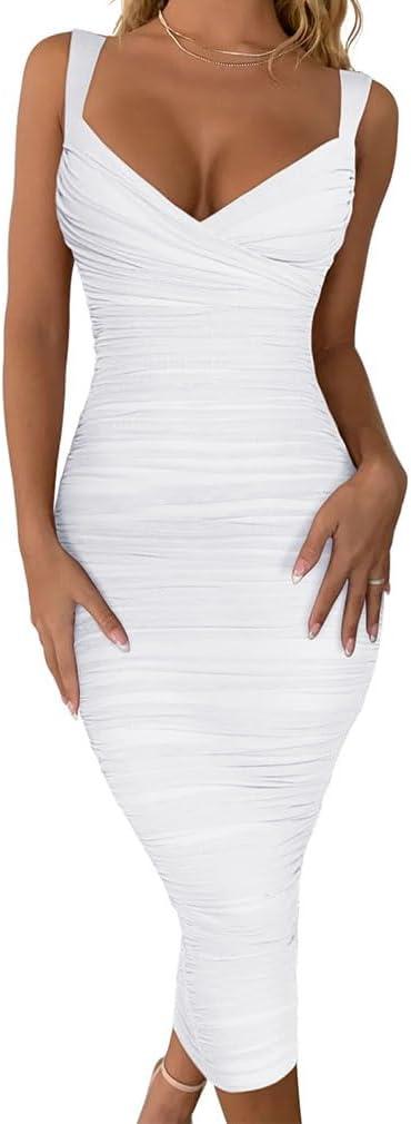 BEAGIMEG Women's Sexy Bodycon Sleeveless Ruched Mesh Club Party Midi Dress (Medium, White)