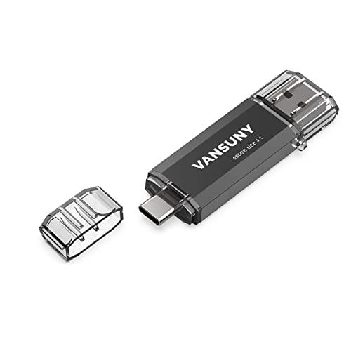 Vansuny 256GB Type C Flash Drive Upgraded 130MB/s USB 3.1 Flash Drive 2 in 1 OTG USB A + USB C Memory Stick with Keychain Dual Type C USB Thumb Drive for Android Smartphones, Tablets, MacBook, PC