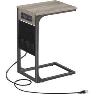 TUTOTAK C Shaped End Table with Charging Station, Side Table for Sofa, Couch Table with Storage Bag, TV Tray Table with 2 USB Ports and Outlets for Living Room, Bedroom TB01BG024 (Greige)