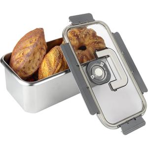 QTLCOHD Bread Box with Lid for Kitchen Counter, Stainless Steel Airtight Loaf Bread Storage ContainerTime Recording Bread Keeper for Homemade Bread, Toast, Bagel, Donut and Cookies