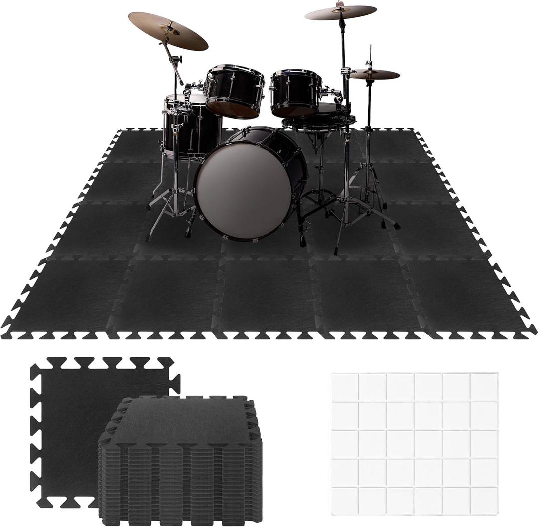 20 Pieces Sound Absorbing Interlocking Floor Mats, 11.8 x 11.8 x 0.4 inches High Density Felt Soundproof Pads Non-Slip Anti Vibration Puzzle Acoustic Blankets Piano Carpet Drum Rug, Black