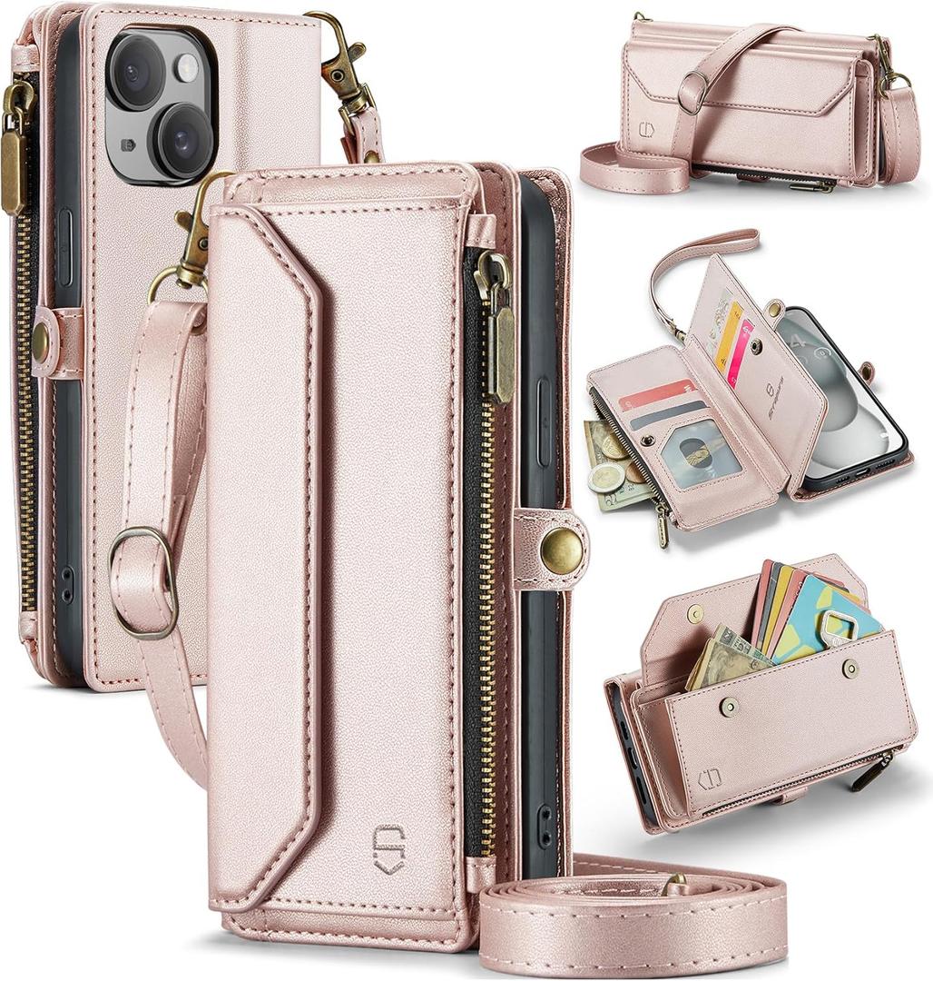 Wallet Case Compatible with iPhone 15 RFID Blocking 7-Card Holder Soft PU Leather Magnetic Snap Shoulder Strap Zipper Pocket Phone Case Fit for iPhone 15 for Women 6.1" - Rose Gold