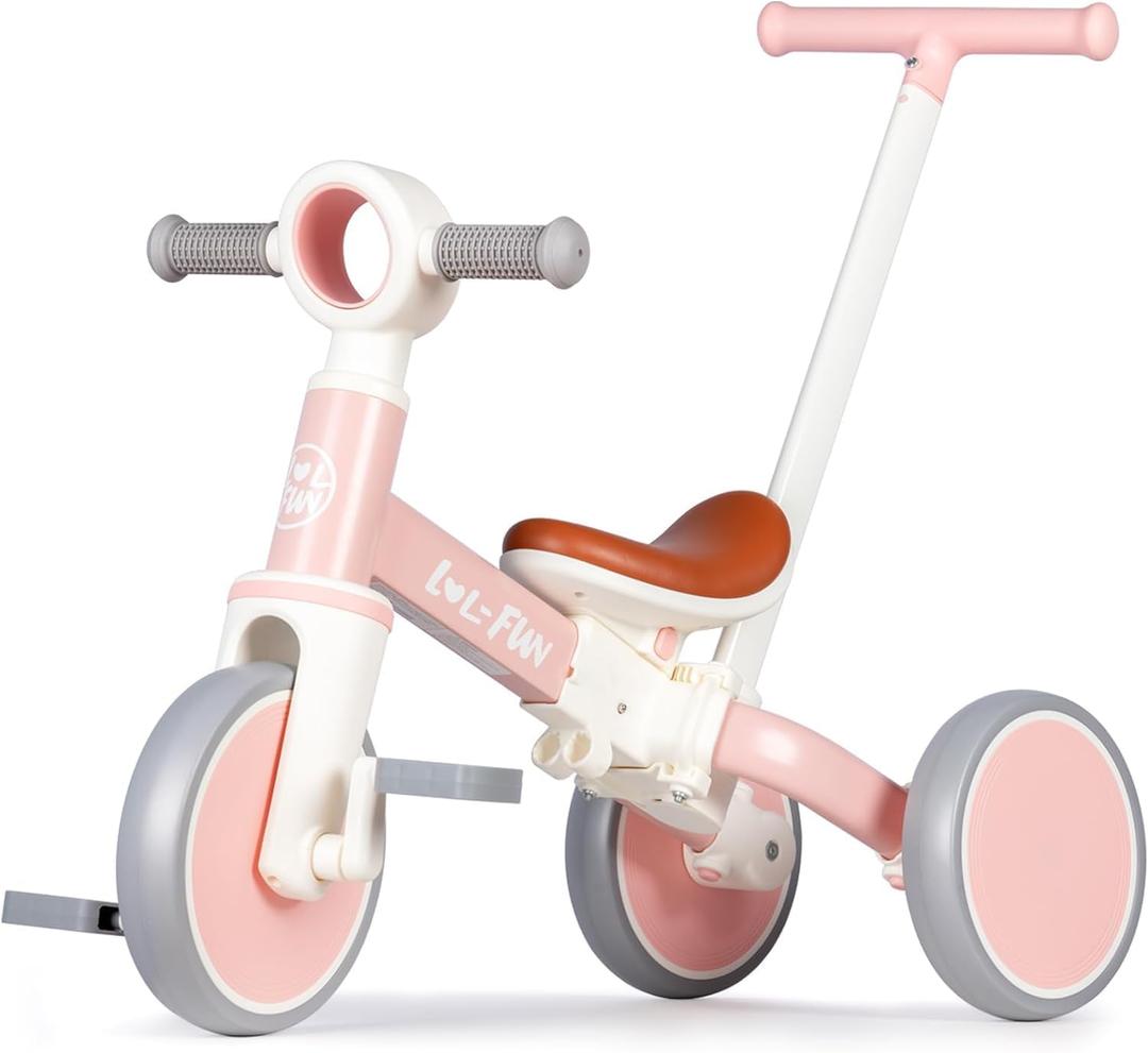 LOL-FUN Tricycle for Toddlers 1-3 Years Old Riding Toy, 5 in 1 Baby Balance Bike 2 Year Old Boys Girls with Parent Steering Push Handle, Pink