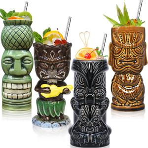 SuproBarware Tiki Glasses for Cocktails Mugs Set of 4 Ceramic Party Cups Bar Decor Creative Large Hawaiian Drinking Bar Decorations Vintage Tropical Drinkware Barware 4 Packs