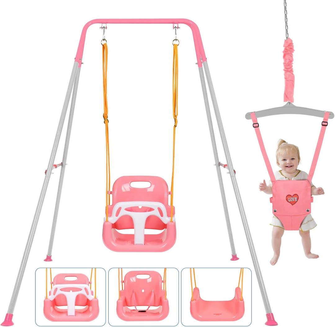 4-in-1 Height Adjustable Toddler Swing Set and Baby Jumper, Safe & Durable