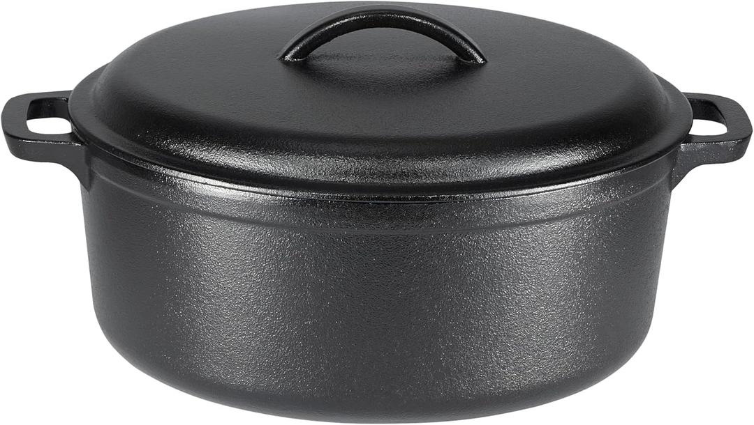 Amazon Basics Pre-Seasoned Cast Iron Dutch Oven Pot with Lid and Dual Handles, Oven Safe, Heavy-Duty, 7-Quart, Round, Black