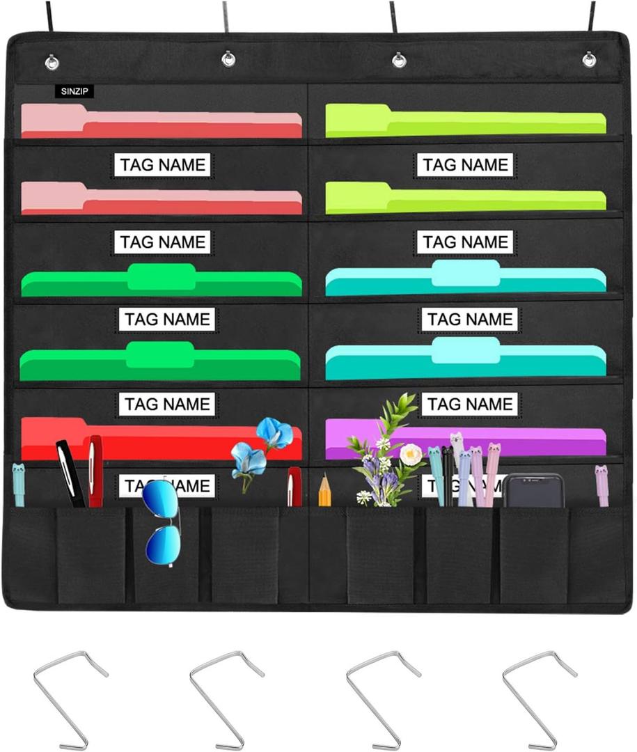 Heavy Duty 10 Pocket Door Hanging File Organizer with Name Tag Holders, Black Wall Storage Pocket Charts with 4 Hangers, Great for Classroom, School, Home or Office Use (10 Nametag Pocket)