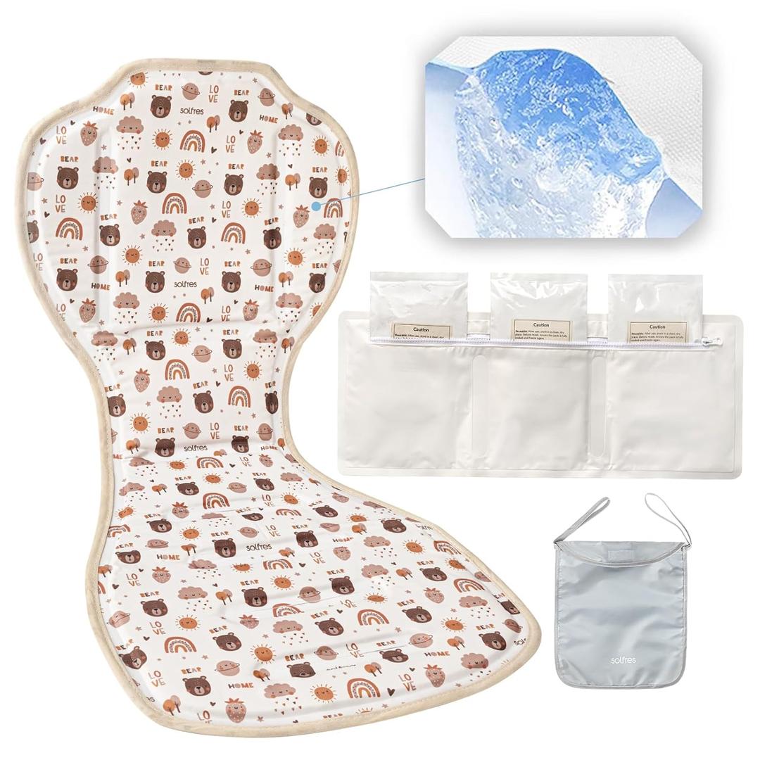 Solfres Hydro Gel Car Seat Cooler Mat with Ice Pack for Baby. Carseat and Stroller Cooling Pad Cushion Liner with Breathable 3D Mesh Anti-Slip Back. for Kids Toddlers 12-48 Months, Beige Bear