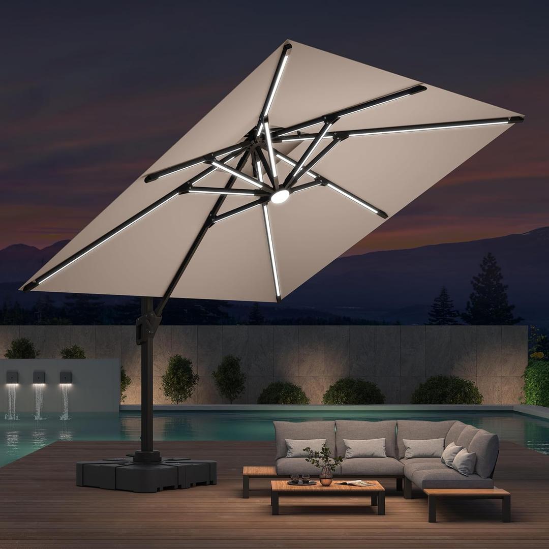 Deconk 10x10 FT Cantilever Patio Umbrella with Led Lights Double Top Outdoor Square Heavy Duty Offset Umbrellas 360Rotation Free-motion Track Tilt Windproof for Pool Deck Garden, Beige