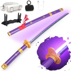 RENGENG Light Up Sword, 40 Inches Rechargeable Pre-Assembled Plastic Replica Anime Sword with Belt & Stand & Spinner, Emma Purple