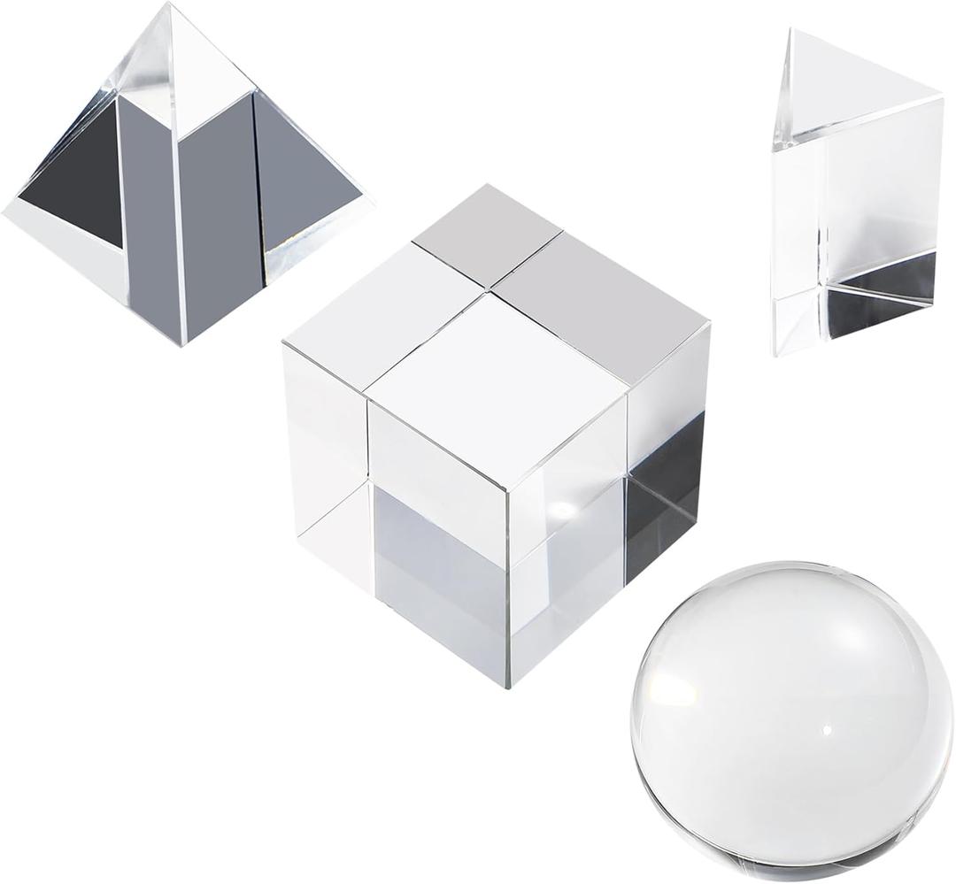 4 Pack K9 Optical Crystal Photography Prism Set, Include 50mm Crystal Ball, 50mm Crystal Cube, 50mm Triangular Prism, 50mm Optical Pyramid with Wiper Cloth and Box, Photography Accessory for Teaching