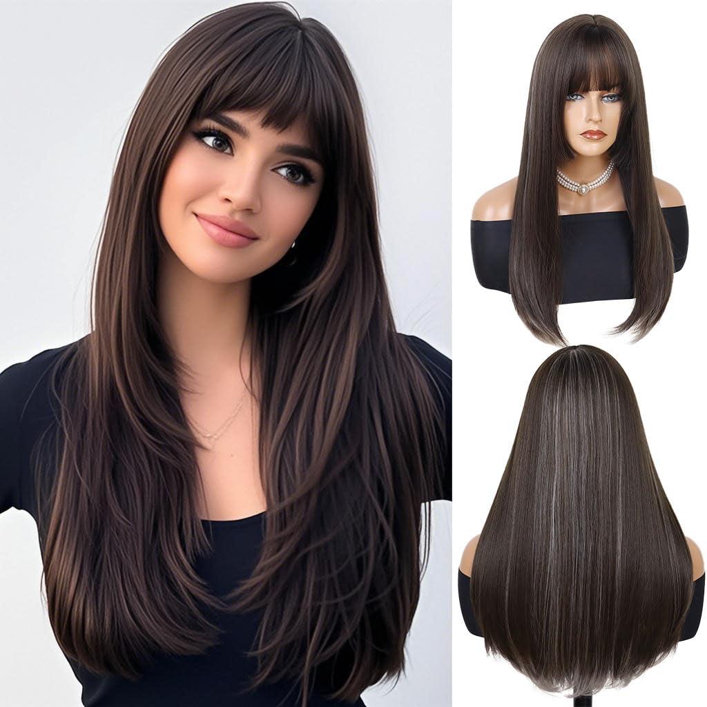 GNIMEGIL 26 Inch Long Brown Wigs for Women Silky Straight Highlights Natural Daily Wear Remy Hair Wig with Bangs Synthetic Fiber Glueless Roleplay Cosplay Costume (Brown Mixed Blonde)