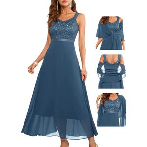BeryLove Summer Formal Wedding Guest Prom Dresses Sequin Cocktail Evening Lace Elegant Mother of The Bride Dress (Blue, XL)