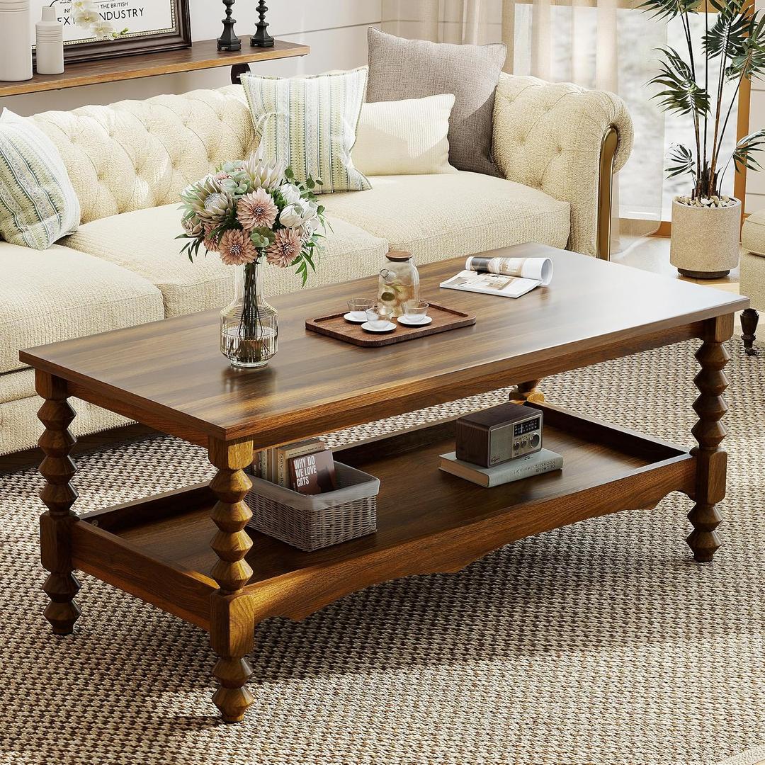 YOSHOOT Wood Coffee Table, Classical Coffee Tables, Center Table for Living Room, Walnut, 18.9"D x 41.3"W x 17.7"H