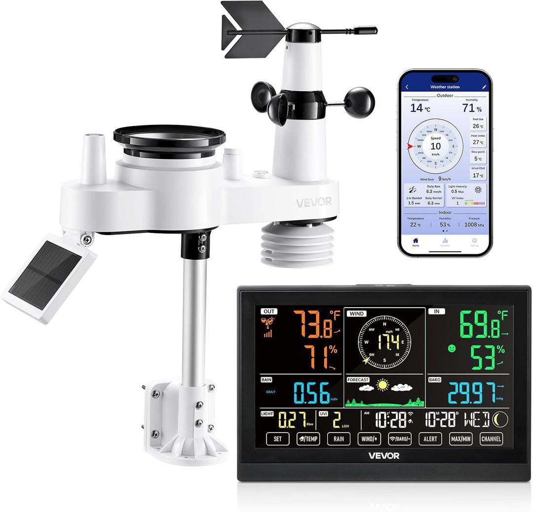 VEVOR 7-in-1 Wi-Fi Weather Station with APP, 7.5-Inch VA Display, Wireless Solar Powered Outdoor Sensor, Rain Gauge, Indoor Outdoor for Weather Forecast, Wind Speed, Temperature, Humidity, Rainfall