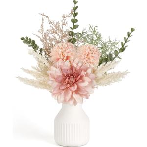 Mkono Small Artificial Flowers in Ceramic Vase 12.5" Centerpieces Coffee Table Decor, Silk Flower Arrangements for Home Decor Indoor Fake Flower Bouquet for Bathroom Dining Room Kitchen Wedding Pink