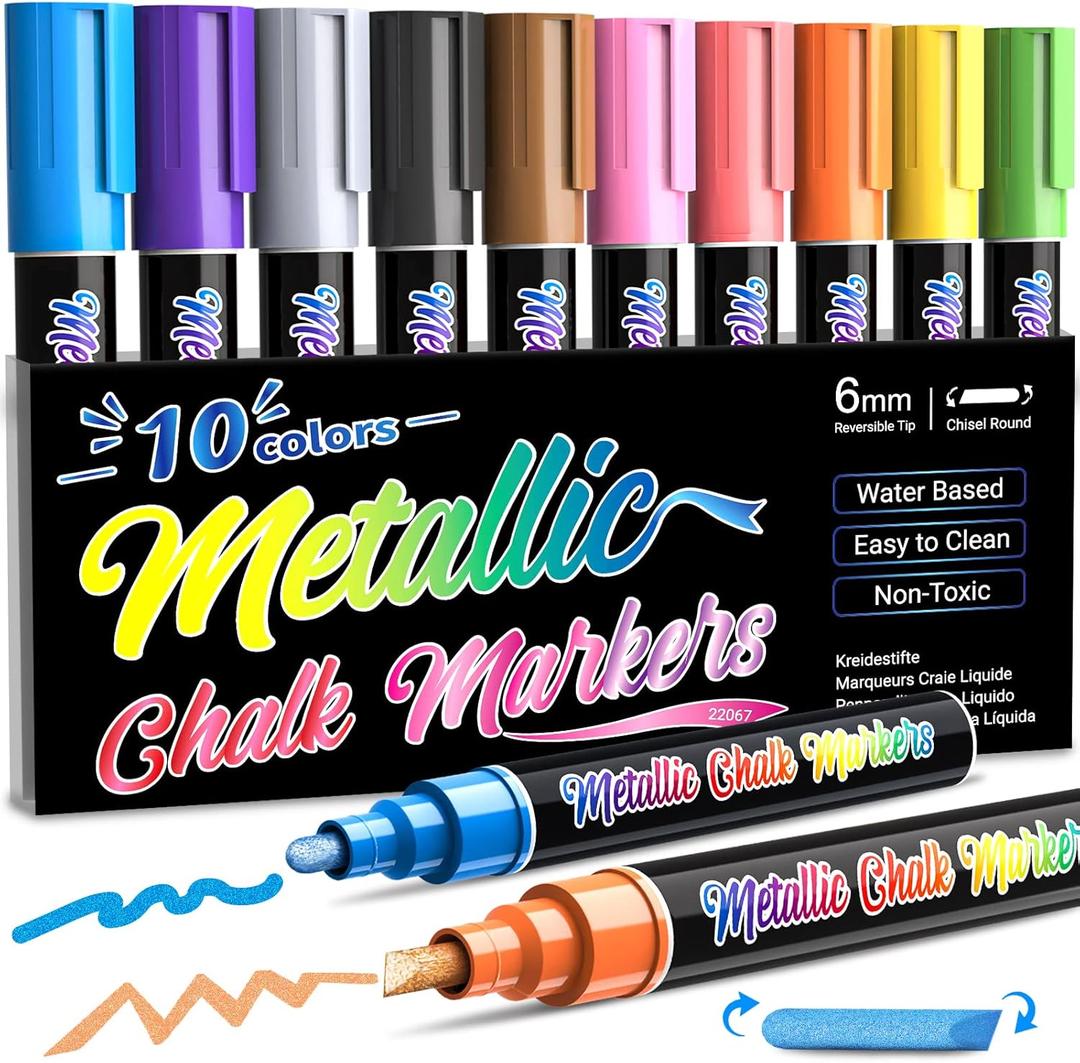 Metallic Liquid Chalk Markers for Chalkboard -10 Colors Wet Erase Window Marker Pens with 6mm Reversible Bullet & Chisel Tip for Glass, Calendar Boards, Car Decorations, Auto, Bistro, Mirror, Business (Multicolor)