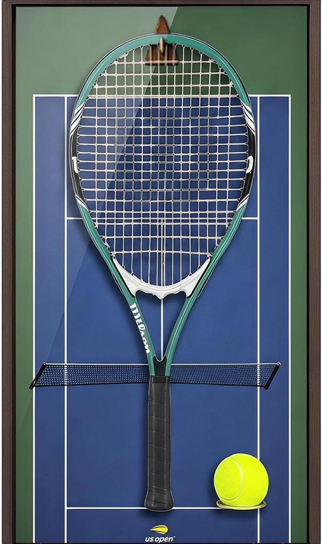 Tennis Racket Display Kit, Including Accessories and Tennis Ball Display, Wall Mounted Sport Decor with Wooden Frame-Show Your Racket and Tennis Ball in Grand Court