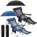 Yuntau 2 Set Reclining Beach Chair and Umbrella for Adults, Outdoor Camping Foldable Sand Chairs with Umbrella, SPF 50+, High Back, with Foot Rest, Cup Holder and Mesh Bag