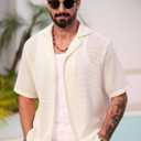 Mens Crochet Shirts Summer Fashion Knit Mesh Button Down Casual Cuban Top (S-XXL) (Beige, XL)