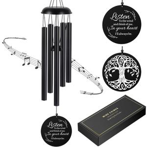 Sympathy Wind Chimes for Loss of Loved One, Memorial Windchimes for Lost Father Mother, Remembrance Bereavement Gift with Card, in Memory of Dad Mom Metal Funeral Decor for Garden Outdoor (39 Black)