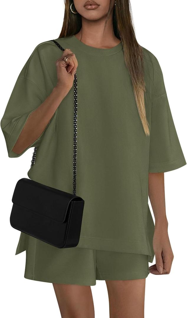 PRETTYGARDEN Women's 2 Piece Lounge Sets 2025 Summer Short Sleeve Tunic Tops Drawstring Shorts Matching Outfits Tracksuits (Army Green,Small)