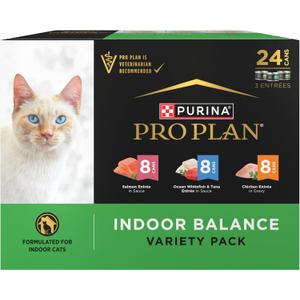 Purina Pro Plan Indoor Balance Chicken, Salmon, and Ocean Whitefish and Tuna Cat Food Wet Entrees Variety Pack - 24 ct. Can, Best By Apr 2027