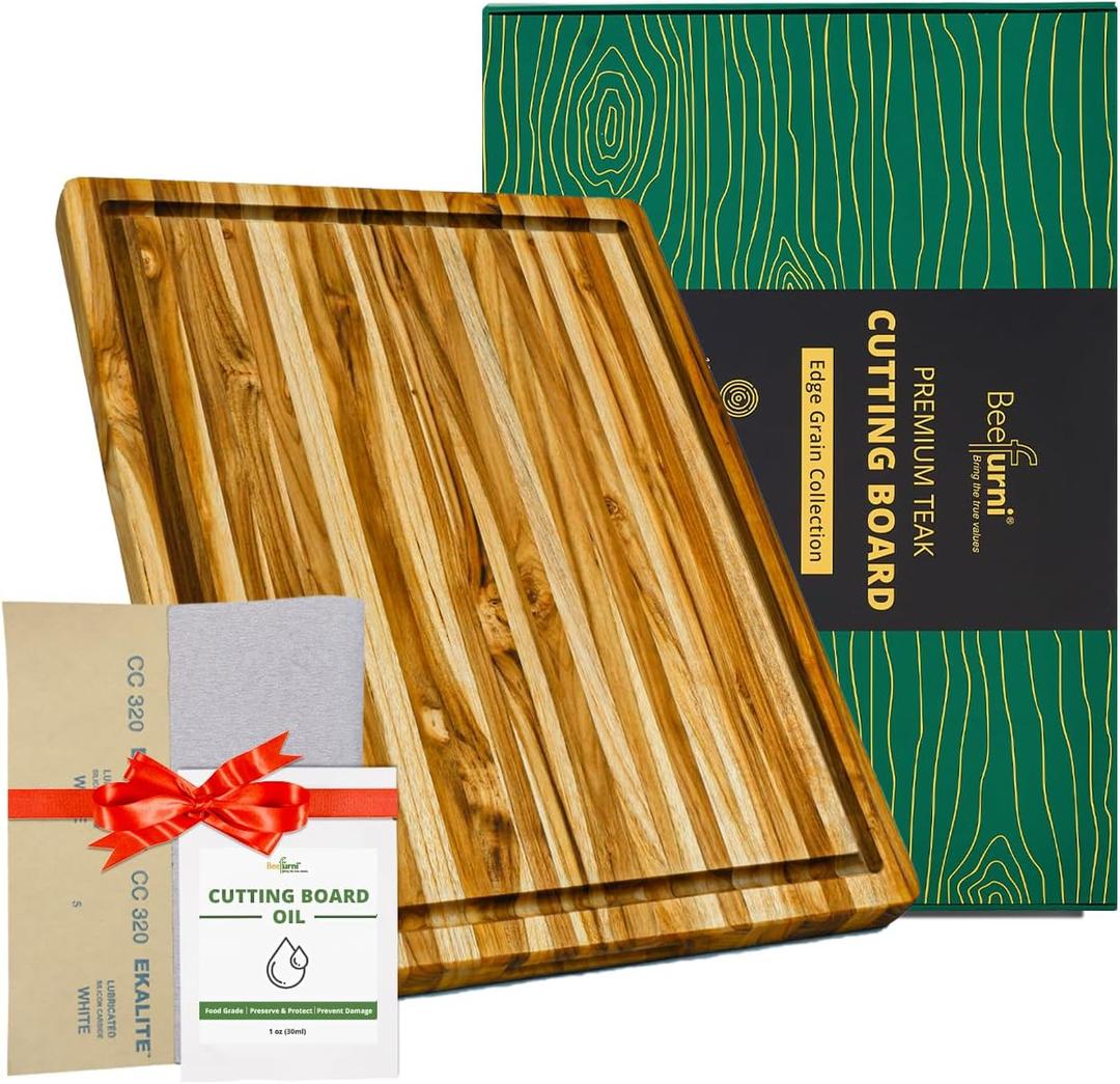 BEEFURNI Teak Wood Cutting Board with Juice Groove Hand Grip, Durable Wooden Cutting Boards for Kitchen, Butcher Block, Charcuterie Board, Christmas Gifts (Edge Grain Juice Groove, Medium)
