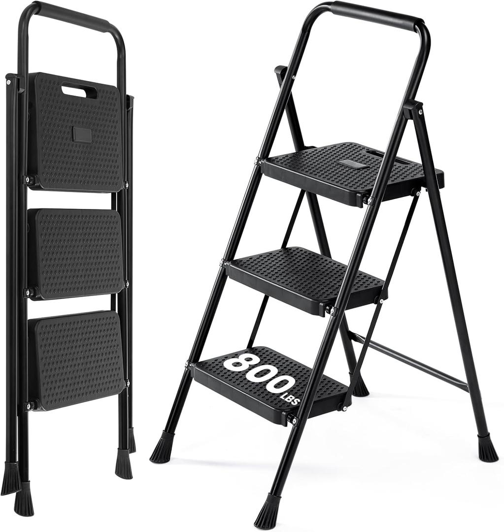 OLIXIS 3 Step Ladder, 800lbs Foldable Step Stool with Anti-Slip Pedal