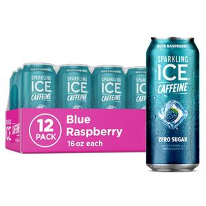 Sparkling Ice Caffeine Blue Raspberry Sparkling Water with Caffeine, Zero Sugar, with Antioxidants and Vitamins,16 fl oz Cans (Pack Of 12), BB 04/24/26