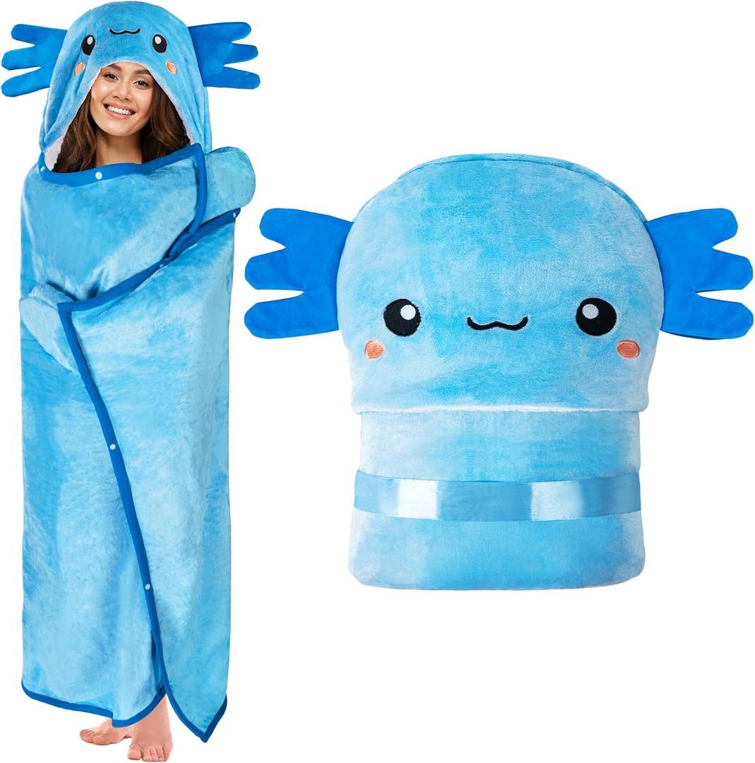 Axolotl Wearable Hooded Blanket for Adults - Super Soft Warm Cozy Plush Flannel Fleece & Sherpa Hoodie Throw Cloak Wrap - Axolotl Gifts for Women Adults and Kids (Blue)